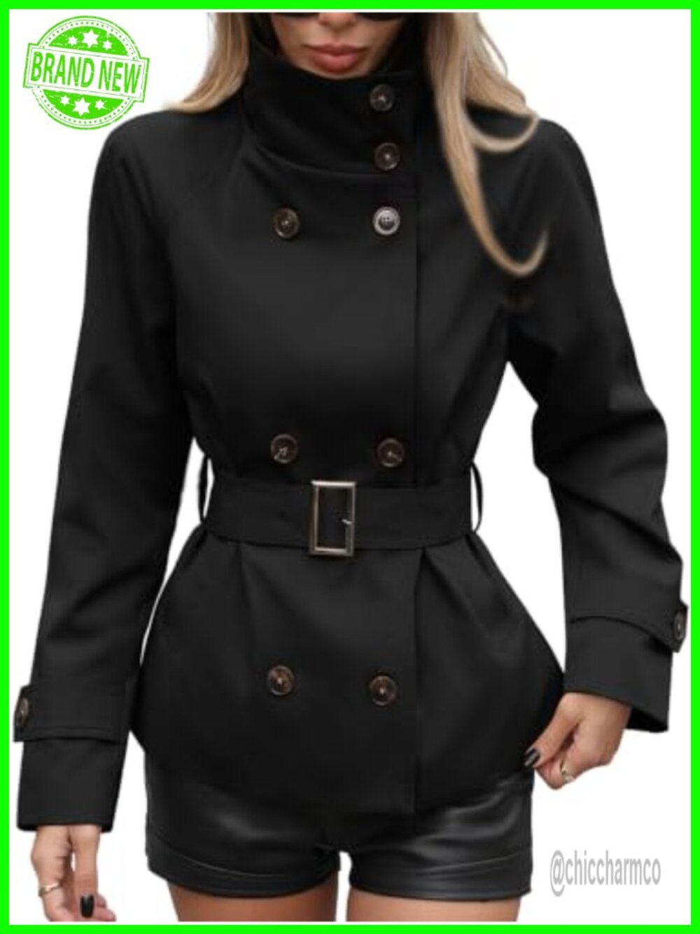 Women's Cropped Trench Coat Funnel Neck Button Closure with Belt